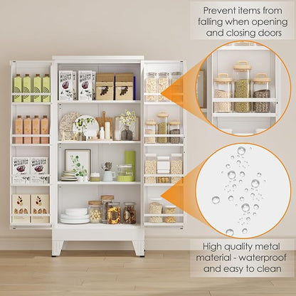 PAOFIN 47" Kitchen Pantry Cabinet, Metal Storage Cabinet with 3 Adjustable Layer Shelves, 8 Door Shelves, Buffet Sideboard for Living Room, Kitchen, White