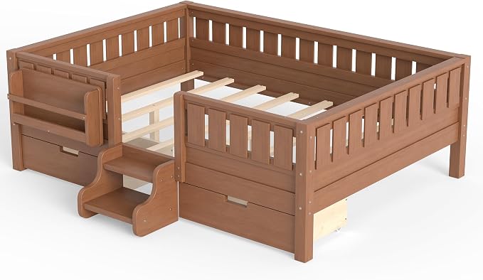 Bellemave Full Floor Bed with Stairs, Rails and Slats, Full Size Montessori Floor Bed with Bookshelf and 2 Storage Drawers, Easy Assemble Montessori Beds Frame for Girls, Boys, Natural