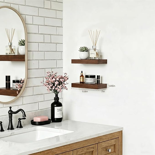 Walnut Floating Shelves for Wall Set of 2,11.8 Inch Wooden Wall Shelves for Bedroom,Bathroom,Kitchen