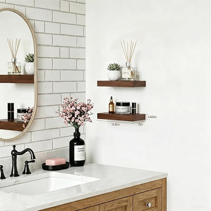 Walnut Floating Shelves for Wall Set of 2,11.8 Inch Wooden Wall Shelves for Bedroom,Bathroom,Kitchen