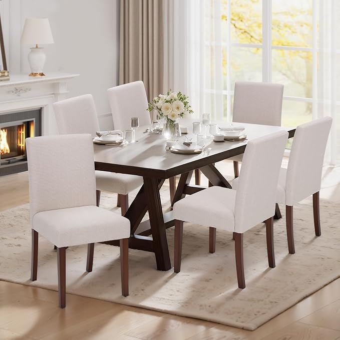 MALOL Upholstered Dining Chairs Set of 6, Fabric Dining Room Chairs, Modern Wooden Dining Chair, Kitchen Side Chairs, Farmhouse Dinner Chair with High Back for Kitchen, Beige
