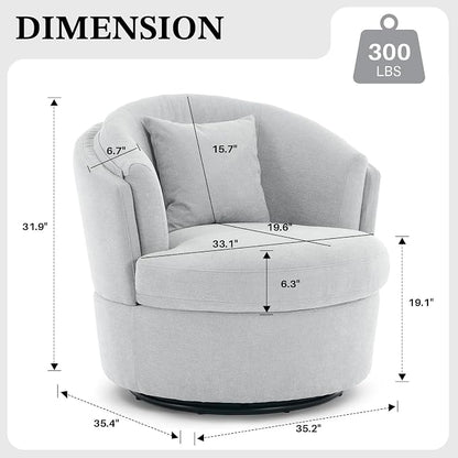 Swivel Accent Chair, Widened Round Barrel Chair with Pillow | Wide Padded Seat, Upholstered Chenille, Silent 360° Swivel Barrel Armchair for Living Room Bedroom Reading Nook, Light Gray