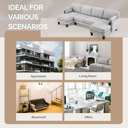 VINGLI 108" W U-Shaped Sectional Couches for Living Room, Sturdy Wooden Armrest Corduroy Cloud Couch with Double Chaise, High Support Modern 4-Seat Sectional Sofa for Apartment, Offices, Light Grey