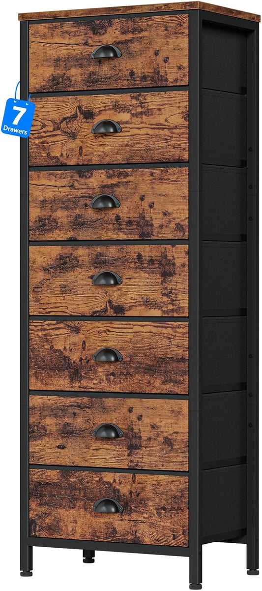 Furnulem Dresser for Bedroom, 7 Drawers Tall Chest of Drawers | Rustic Brown Storage Organizer, Fabric Bins, Metal Frame, Wood Desktop, Dorm Vertical Closet,Bedside Furniture in Living Room