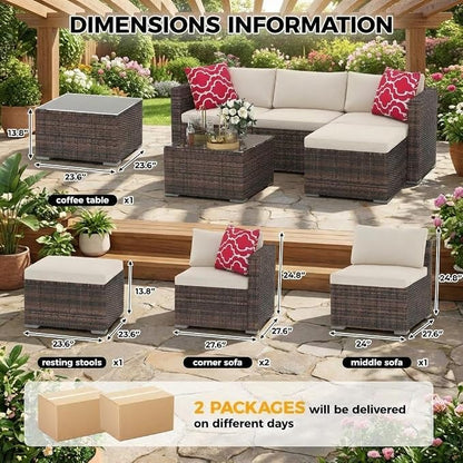5-Piece Outdoor Sectional Sofa Set, Outdoor Patio Set Sectional Sofa, All-Weather PE Rattan Patio Furniture with Ottoman & Tempered Glass Table for Garden, Backyard, Porch, Poolside (Brown/Beige)