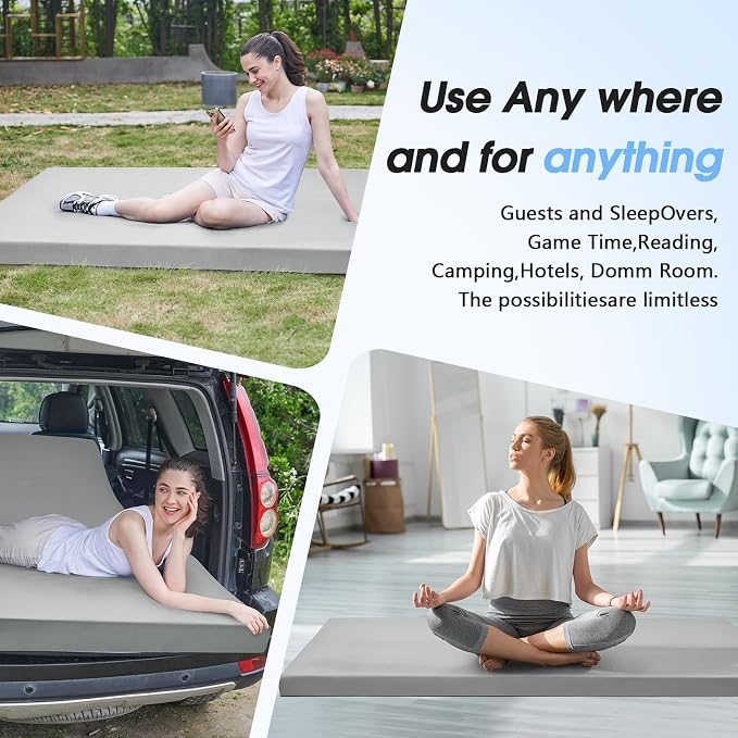 CYMULA 3 Inch Memory Foam Camping Pad, Camping Essentials Roll Up Floor Mat for Car Camping, Cot, Tent, Truck, Travel and Guest Use, Non-Slip Waterproof Bottom, Removable Cover
