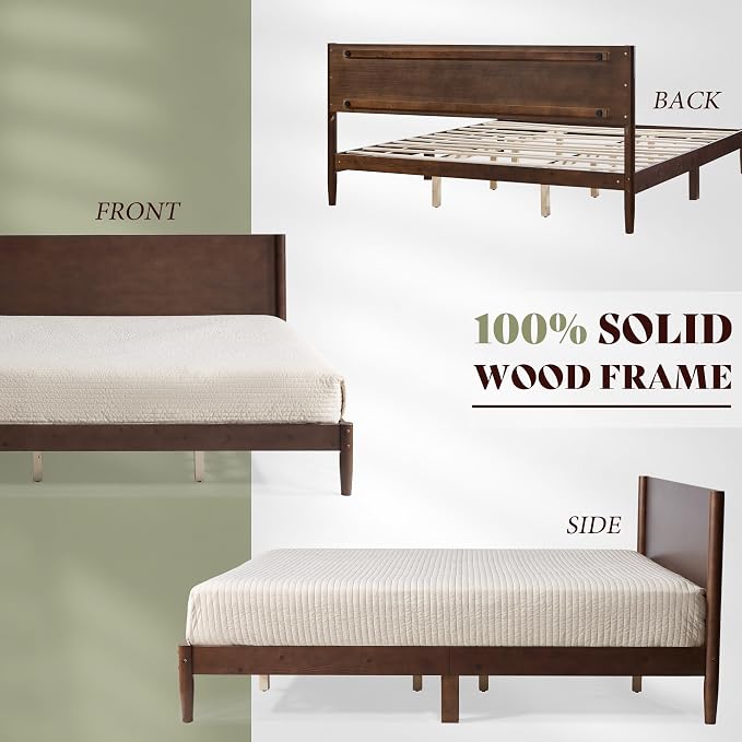 AMERLIFE Solid Wood Full Size Bed Frame, Mid Century Modern Platform Bed with Full Panel Headboard, Noise-Free & Cylindrical Legs, No Box Spring Needed, Under-Bed Storage, Dark Walnut