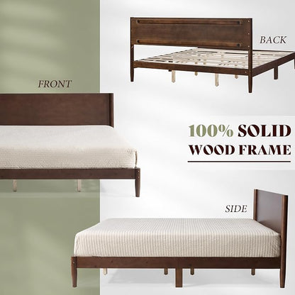 AMERLIFE Solid Wood Queen Bed Frame, Mid Century Modern Platform Bed with Full Panel Headboard, Wooden Bed with Cylindrical Legs, No Box Spring Needed & Noise-Free, Under-Bed Storage, Dark Walnut