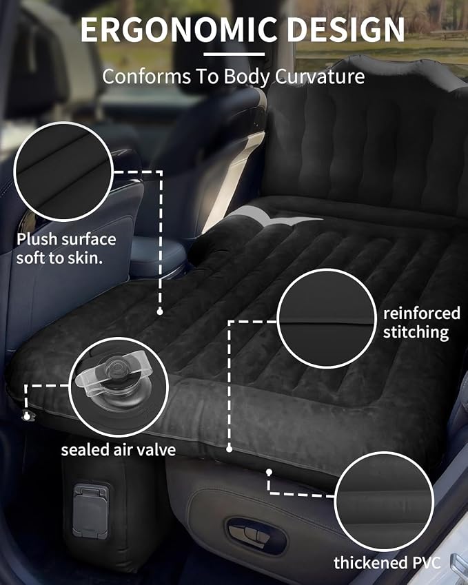 Umbrauto Back Seat Car Air Mattress: Cordless Inflatable SUV Car Camping Bed for Truck Van with Built-in Air Pump, Thickened Double-Sided Flocking Travel Car Sleeping Pad