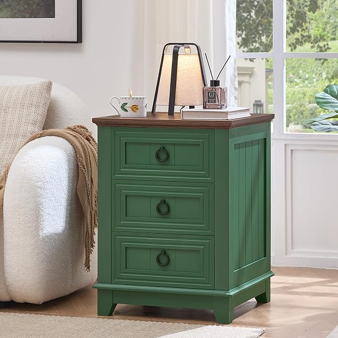 Joaxswe Farmhouse Night Stand Set of 2, 18" End Table with 3 Drawer Metal Handle, Sofa Bed Side Table Chest of Drawers,Wood Nightstand Cabinet for Organizer, Living Room-Green