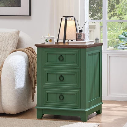 Joaxswe Farmhouse Night Stand Set of 2, 18" End Table with 3 Drawer Metal Handle, Sofa Bed Side Table Chest of Drawers,Wood Nightstand Cabinet for Organizer, Living Room-Green