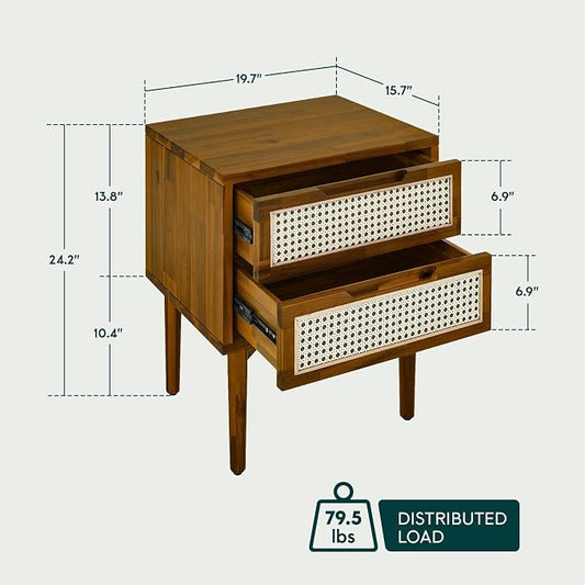Bme Oliver Solid Wood Rattan Nightstand/Side Table/End Table, Fully Assembled, for Bohemian & Mid Century Style Bedroom and Living Room, Caramel | Fully Assembled