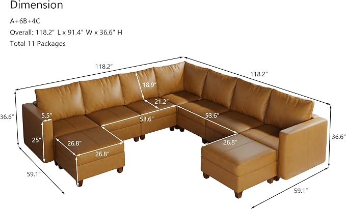 EASE MOOSE Leather Modualr Sectional Couch Sofa with Storage,Faux Leather Sectional Sofa Brown U Shaped Modular Couch