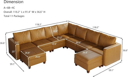 EASE MOOSE Leather Modualr Sectional Couch Sofa with Storage,Faux Leather Sectional Sofa Brown U Shaped Modular Couch