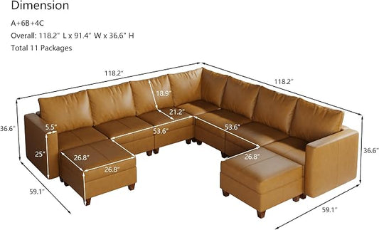 EASE MOOSE Leather Modualr Sectional Couch Sofa with Storage,Faux Leather Sectional Sofa Brown U Shaped Modular Couch