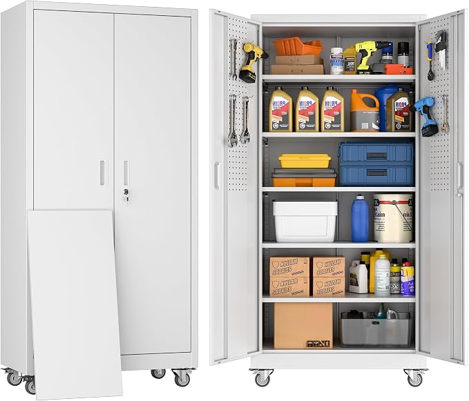 SUXXAN Metal Garage Storage Cabinet with Wheels and Pegboard 71'' x 34'' x 18'', Lockable Rolling Steel Cabinet with 5 Adjustable Shelves and Door for Garage, Office, Kitchen, Assembly Required