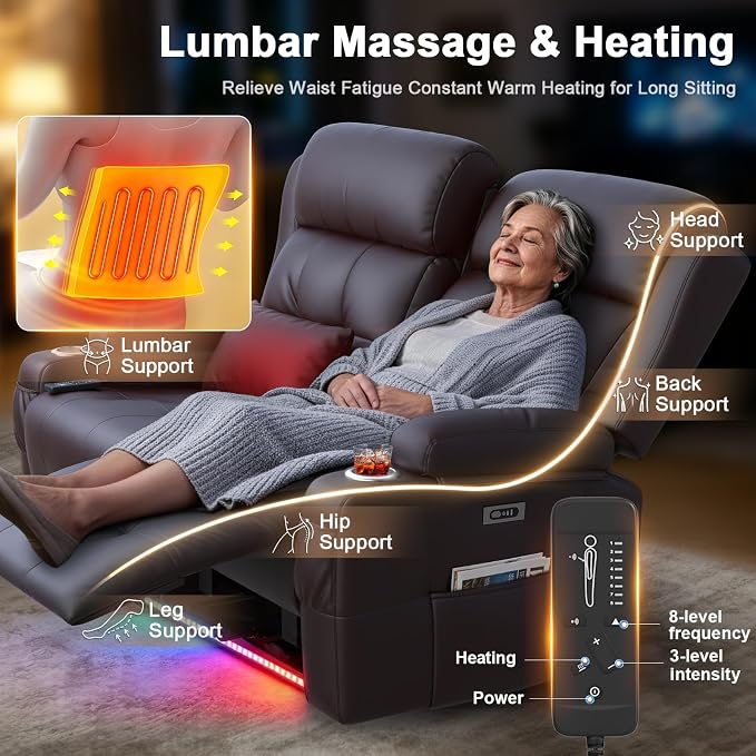 Power Reclining Loveseat with Massage & Heat,Wall Hugger Home Theater Seating with LED Lights,USB & Type-C Ports, Ideal for RV, Home Theater and Living Room,Brown,2 Seats