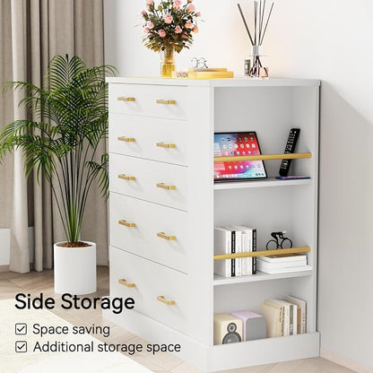 Closet Island with Open Shelves, Modern Glass Top Dresser with LED Lights, Tall Chest of Drawers with Jewelry Organizer for Bedroom,Living Room, Bedroom, Hallway, Entryway, White