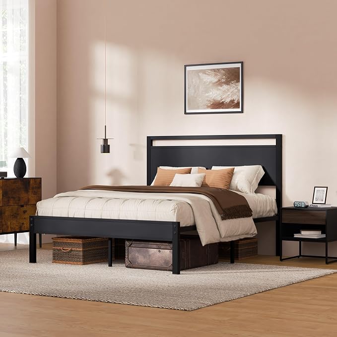 Z-hom Queen Bed Frame with Modern Wood Headboard & Footboard, Upgraded Heavy Duty Metal Sturdy Bed Frame Queen Size, Stable Platform Bed Furniture Bed Storage, No Noise, No Box Springs,Black