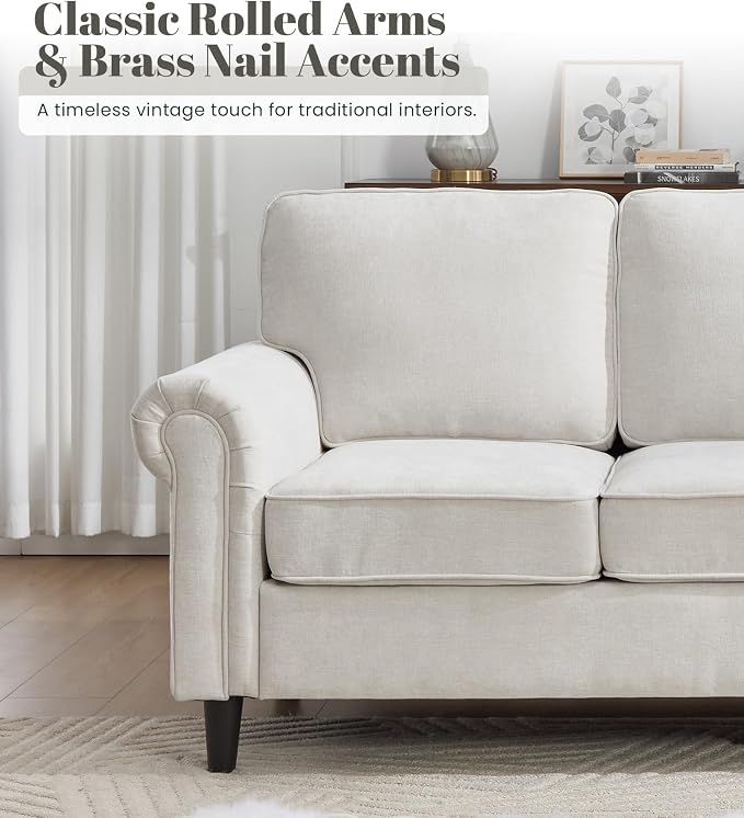 Kingfun 3 Seater Couch with Chair, Mid Century Modern Sofa Set with Rolled Arms and Deep Seats, Fluffy Comfort for Living Room, Apartment, Easy Assembly, Beige