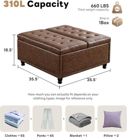 Tbfit Large Square Storage Ottoman Bench, Tufted Upholstered Coffee Table Ottoman with Lift Top & Solid Wood Legs, Oversized Storage Ottomans Toy Box for Living Room (Brown)