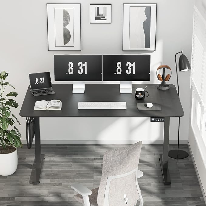 YESHOMY Height Adjustable Electric Standing Desk, 55 inch Computer Table, Home Office Workstation, Black Leg/Black Top