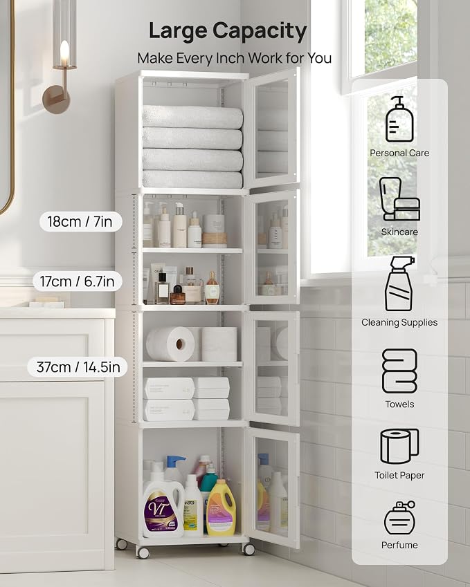 Vtopmart 63.2" Tall Slim Bathroom Storage Cabinet with 4 Adjustable Shelves and 4 Doors, Freestanding Cabinets Organizer with Wheels and Anti-tip for Laundry, Kitchen, Pantry, White