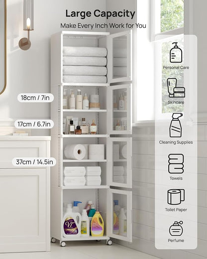 Vtopmart 63.2" Tall Slim Bathroom Storage Cabinet with 4 Adjustable Shelves and 4 Doors, Freestanding Cabinets Organizer with Wheels and Anti-tip for Laundry, Kitchen, Pantry, White