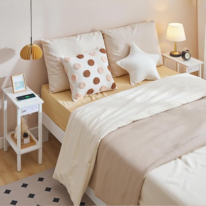 HOOBRO Narrow Side Table, 2-Tier Slim End Table with Charging Station, Skinny Nightstand with Open Storage, for Small Spaces, Living Room, Bedroom, Study, White WT240UBZ01