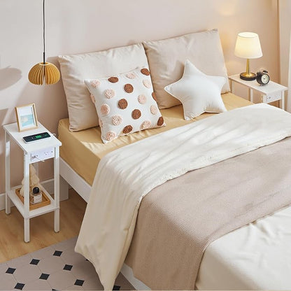 HOOBRO Narrow Side Table, 2-Tier Slim End Table with Charging Station, Skinny Nightstand with Open Storage, for Small Spaces, Living Room, Bedroom, Study, White WT240UBZ01