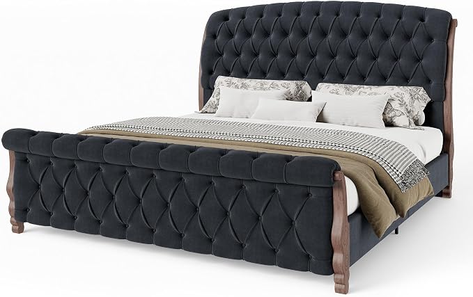 AMERLIFE Upholstered Queen Bed Frame, 53" Tall Sleigh Bed with Button Tufted Chenille Headboard and Footboard, Platform Bed with Carved Solid Wood Legs, No Box Spring Needed, Black