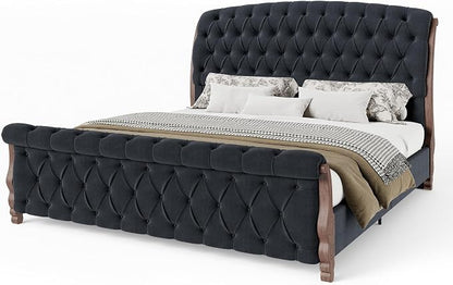 AMERLIFE Upholstered Queen Bed Frame, 53" Tall Sleigh Bed with Button Tufted Chenille Headboard and Footboard, Platform Bed with Carved Solid Wood Legs, No Box Spring Needed, Black