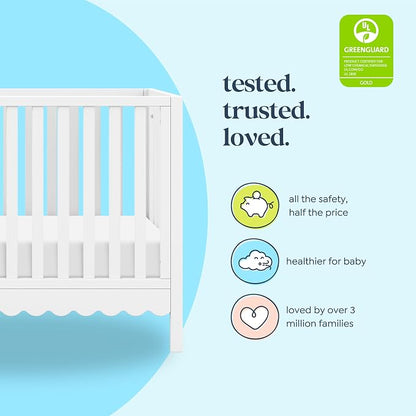 Davinci Sammy Scallop 4-in-1 Baby Crib & Mattress Bundle - White | Low-Profile Crib Convertible to Toddler Bed, Daybed, Full Bed - Easy to Assemble - Includes Mattress w/ Waterproof Cover