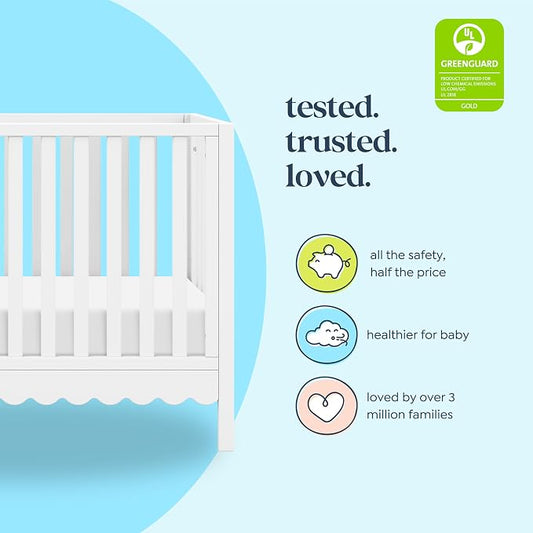 Davinci Sammy Scallop 4-in-1 Baby Crib & Mattress Bundle - White | Low-Profile Crib Convertible to Toddler Bed, Daybed, Full Bed - Easy to Assemble - Includes Mattress w/ Waterproof Cover