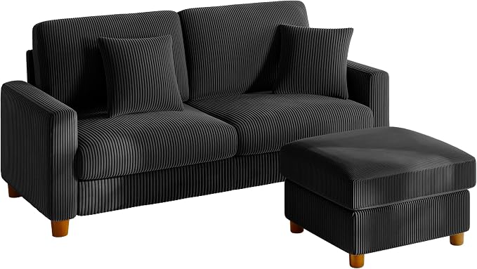 Kidirect 70in L Shaped Couch, Modular Sofa No Tool Assembly, Comfy Sectional Couches for Living Room 21in Deeper Seats, Corduroy Sofas for Living Room with 2 Pillows, Loveseat Sofa Set, Black Couch