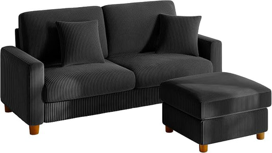 Kidirect 70in L Shaped Couch, Modular Sofa No Tool Assembly, Comfy Sectional Couches for Living Room 21in Deeper Seats, Corduroy Sofas for Living Room with 2 Pillows, Loveseat Sofa Set, Black Couch