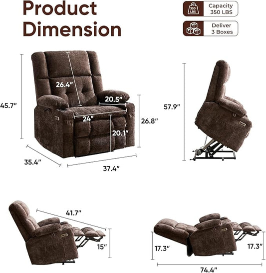Oversized Power Recliner Chair for Elderly with Massage and Heat, Dual Motor Lay Flat Recliner with Arm Storage，Lift Chair for Big Tall, Infinite Position,Extended Footrest, Lving Room, Coffee