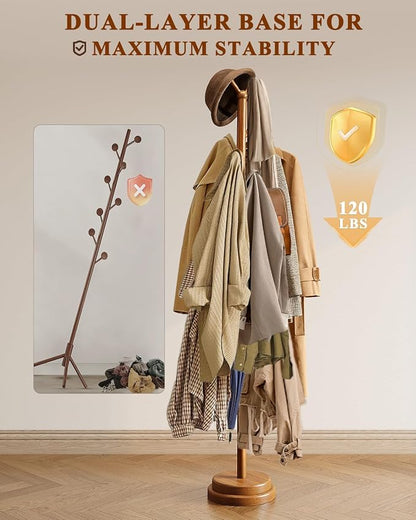 Freestanding Coat Rack, Solid Wood Coat Tree with 8 Smooth Rounded Hooks, Adjustable Height Heavy Duty Coat Rack with Dual-Layer Base, Holds Coats Hats Bags for Entryway, Bedroom, Living Room