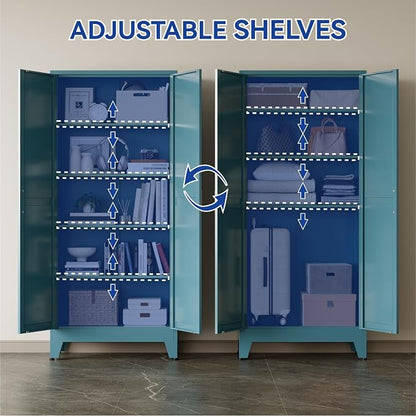 COFaR 71'' Tall Metal Storage Cabinet, Farmhouse Kitchen Pantry Cabinet with Doors and 4 Adjustable Shelves, Metal Pantry Storage Cabinets for Kitchen, Laundry, Peacock Blue 5-Tier