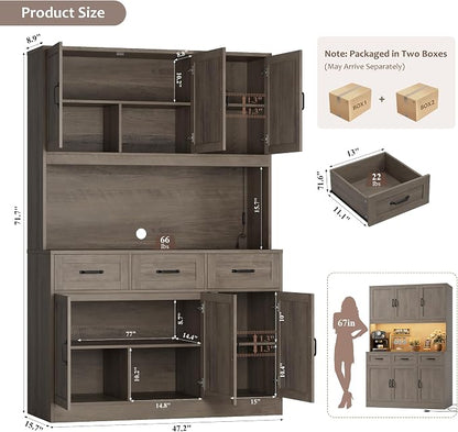 HOSTACK 72" Tall Kitchen Pantry Cabinet with Charing Station | LED Lights, 47" W Kitchen Pantry Storage Cabinet with Countertop, Modern Kitchens Hutch Cabinets with Storage for Dining Room, Ash Gray