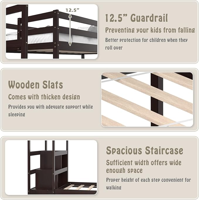 Giantex Twin Over Twin Bunk Bed with Trundle, Solid Wood Bunkbeds with Guard Rail and Storage Stairs, Twin Bunk Bed Frame, Suitable for Kids, Teens, No Box Spring Needed (Espresso)