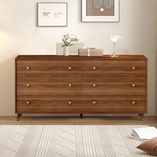 Messenya 6 Drawer Dresser for Bedroom, 55 Inch Walnut Dresser for Closet, Mid Century Wood Chest of Drawers with Natural Texture & Pre-Embedded Slots for TV Stand, Living Room, Hallway, Office