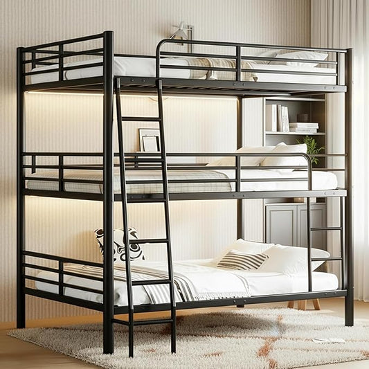 Metal Triple Bunk Bed,Twin Over Twin Bunk Bed for 3, Separates Into 3 Beds with Guardrail and Ladder, Heavy Duty Triple Bed Frame Suitable for Teenager/Adults, No Box Spring Needed(Black)