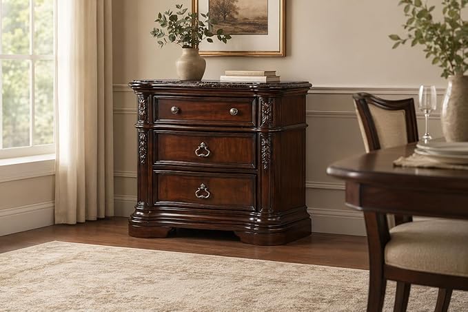 First of a Kind Barney’s Traditional Walnut Nightstand with Marble Top 3 Drawer Wood Bedside Table 32 Inch Curved Frame Circle Knobs Ornate Handles Classic Bedroom Furniture