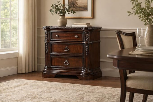 First of a Kind Barney’s Traditional Walnut Nightstand with Marble Top 3 Drawer Wood Bedside Table 32 Inch Curved Frame Circle Knobs Ornate Handles Classic Bedroom Furniture