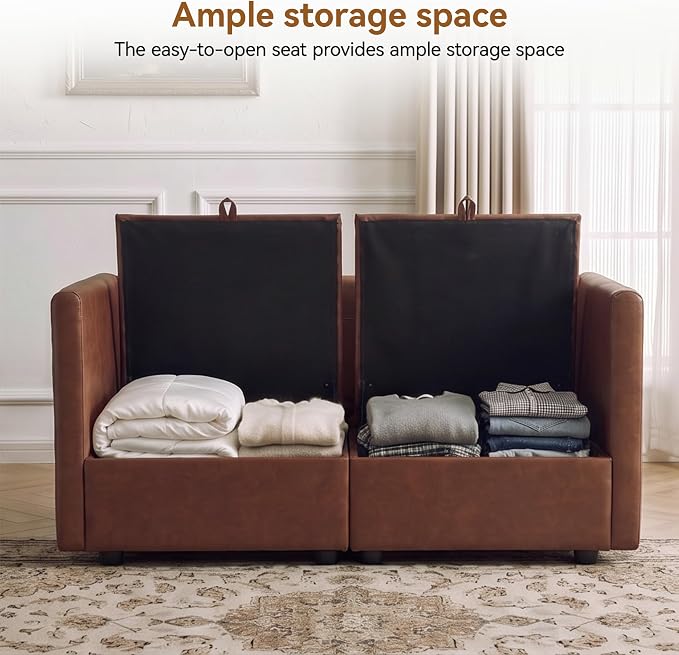55" Brown Faux Leather Storage Loveseat Sofa, Upholstered 2 Seater Sofa | Modern Deep Seat Cloud Sofa Chair, Small Love Seat Comfy Modular Sectional Sofa for Living Room, Bedroom, Small spaces