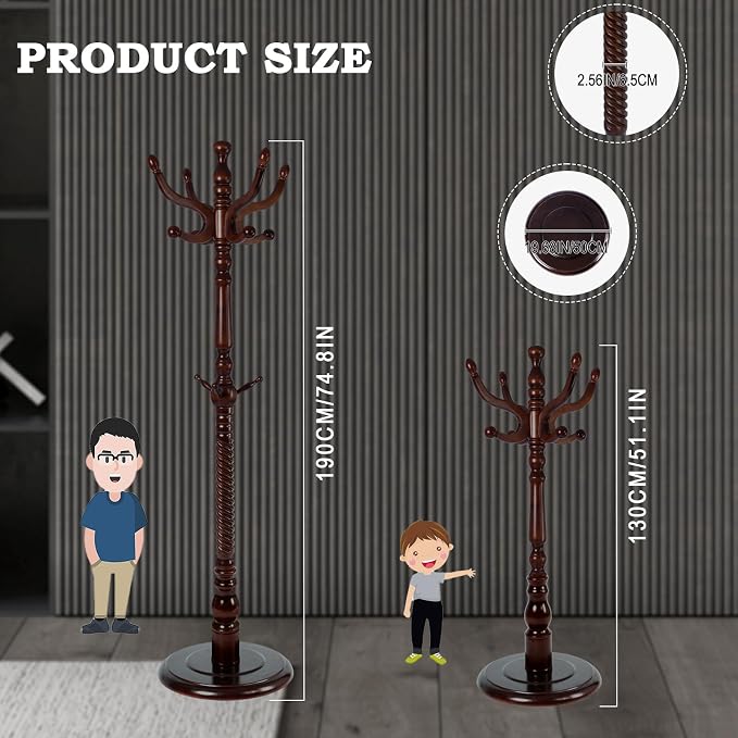 Coat Racks FreeStanding with 11 Hooks, Natural Wood Coat Rack with Solid Round Base, Adjustable Height Coat Racks, Easy Assembly for Hallway, Bedroom and Office (Walnut-Solid Round Base)