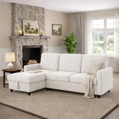 JAMFLY Pull Out Sleeper Sectional Sofa, L Shaped Corduroy Couch with Hidden Storage, Convertible Sofa Bed for Small Living Rooms and Apartments, White