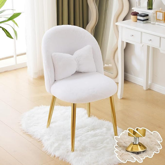 VINGLI Fluffy Girls Vanity Chair with Back & Pillow,Cute Small Cozy Desk Chair No Wheels,Comfy Makeup Ch with Ajustable Gold Legs,for Bedroom,Living Room,Small Space,White