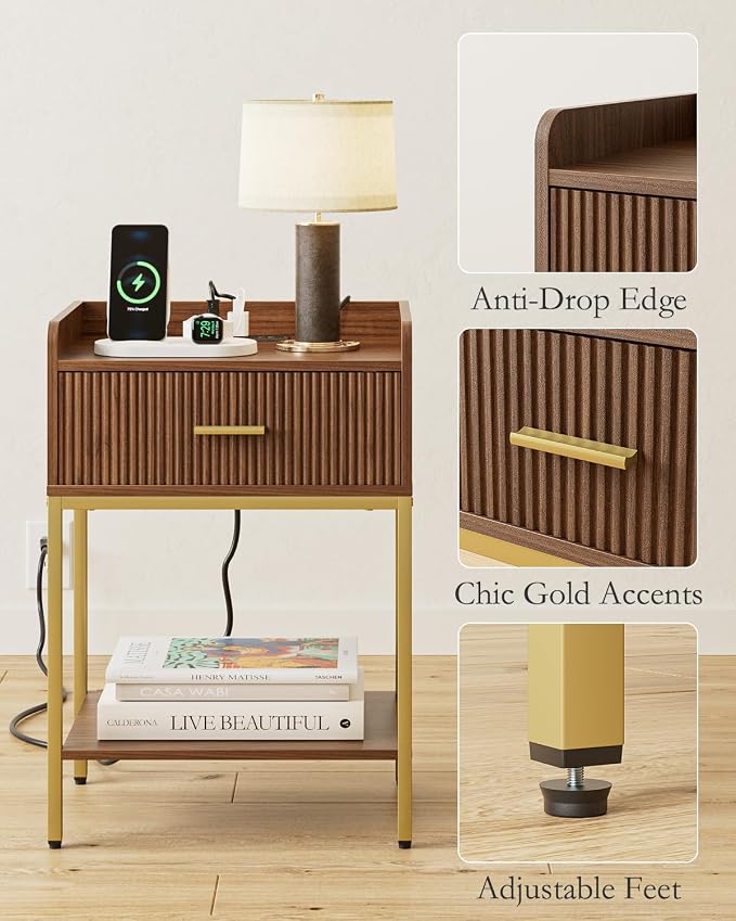 Nightstand with Charging Station, 3-Tier Bed Side Table, Small End Table, Night Stand with Open Shelf and Drawer, Bedside Table for Bedroom, Living Room, Walnut
